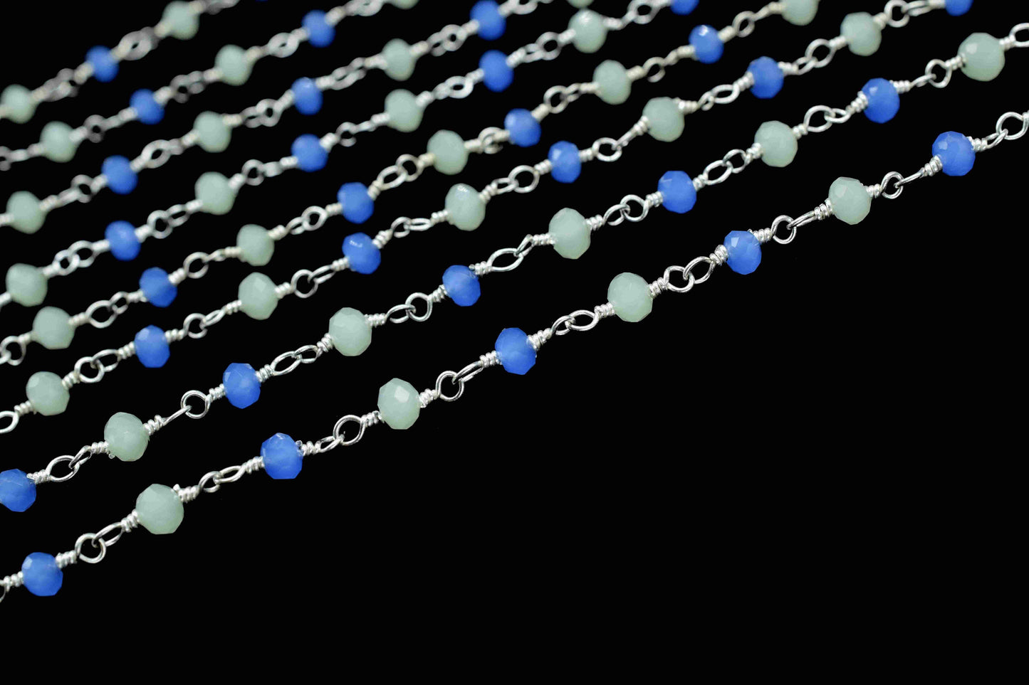 Peru Chalcedony 3mm Beaded Chain,Multi Stone Beaded Rosary Chain,Wire Wrapped Rosary Chain,Blue Quartz stone links,Handmade Jewelry Making