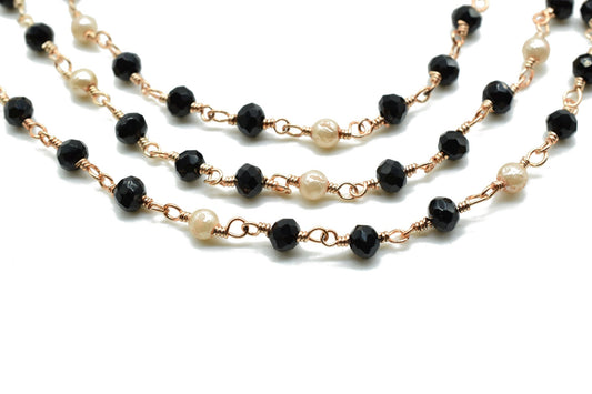 Black Spinel 3mm Rosary Style Beaded Chain, Black Spinel Faceted Beads Wire Wrapped Chain,Brass chains,Jewelry Making Chains,pearl rosary
