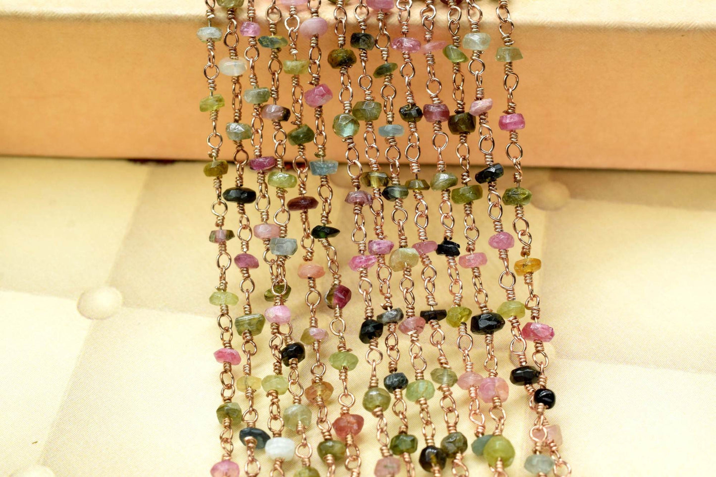 Multi Tourmaline Rosary Chain,Multi Tourmaline Wire Wrapped Rosary,3 to 3.5mm beaded chain,Natural Multi Tourmaline beaded Chain,gold chain