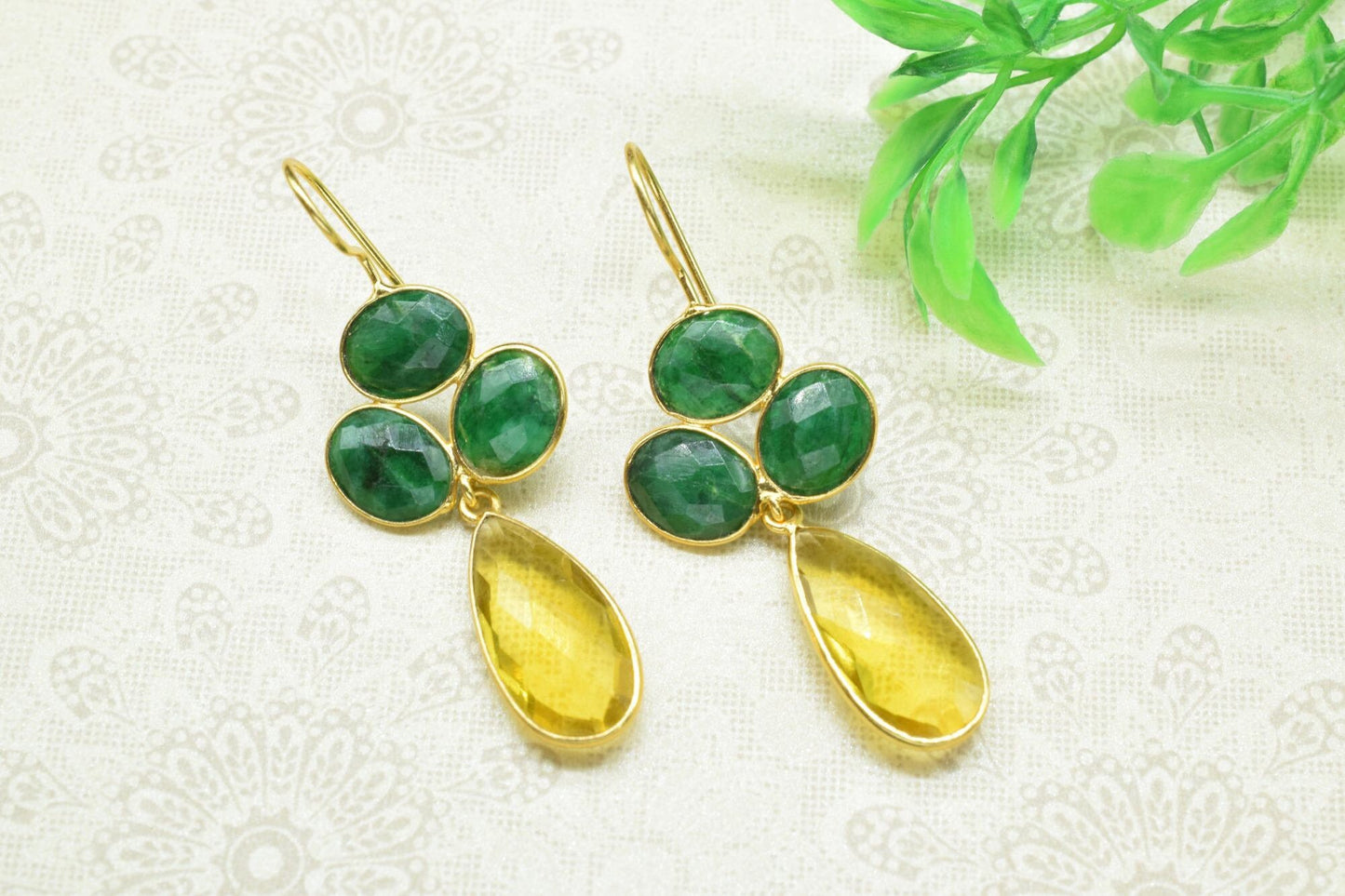 Natural Emerald Dangle Earrings,Multi Stone Dangle Earring,Statement Earring,Handmade Jewelry,Citrine Drop Earrings,Gemstone Bezel Earring