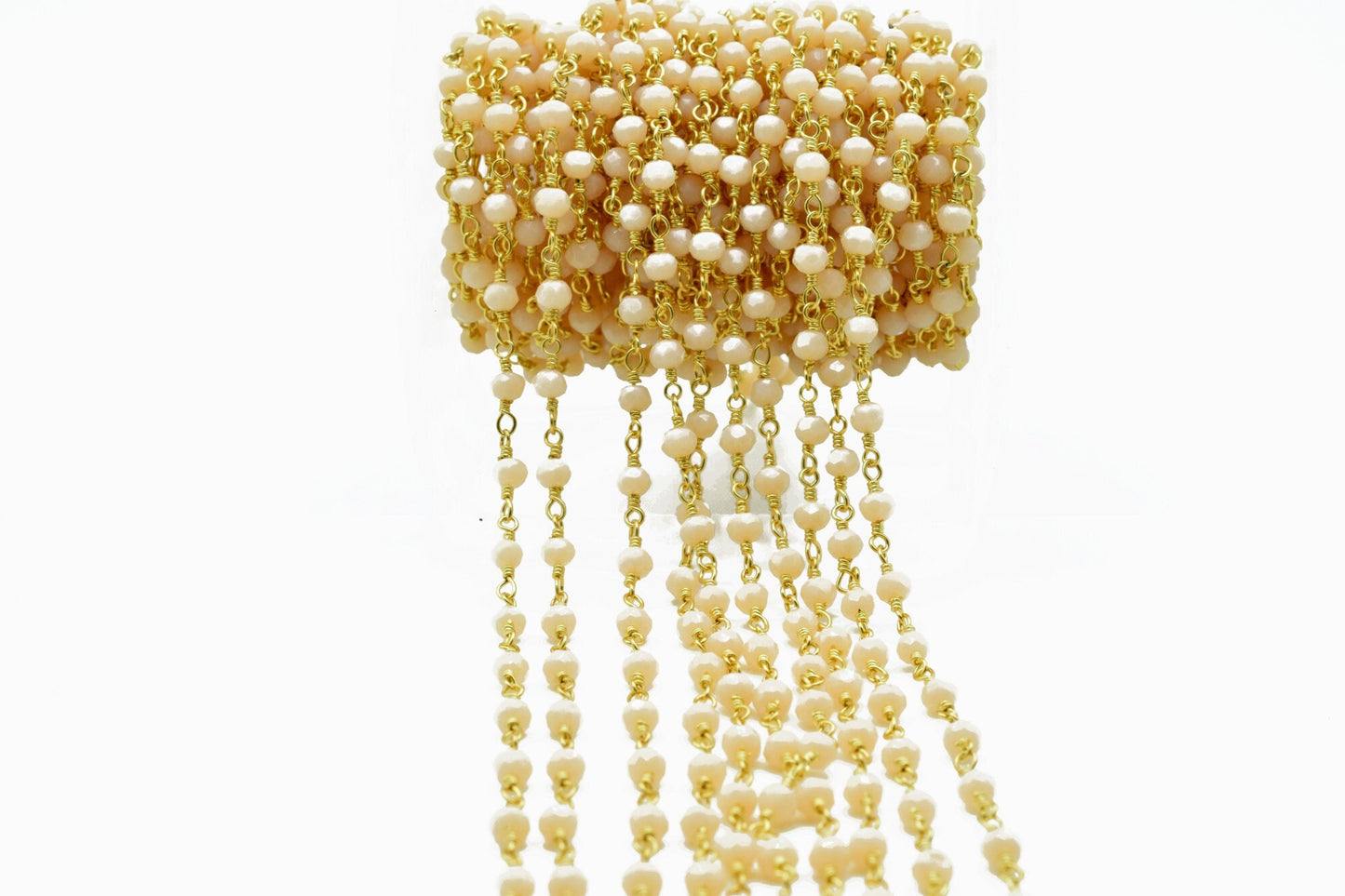 Peach Agate 3mm Beaded Chain,Peach Agate Rosary Chains,Peach Agate Gold Plating Wire Wrap Chain,Brass chainJewelry Making Chain Rosary chain