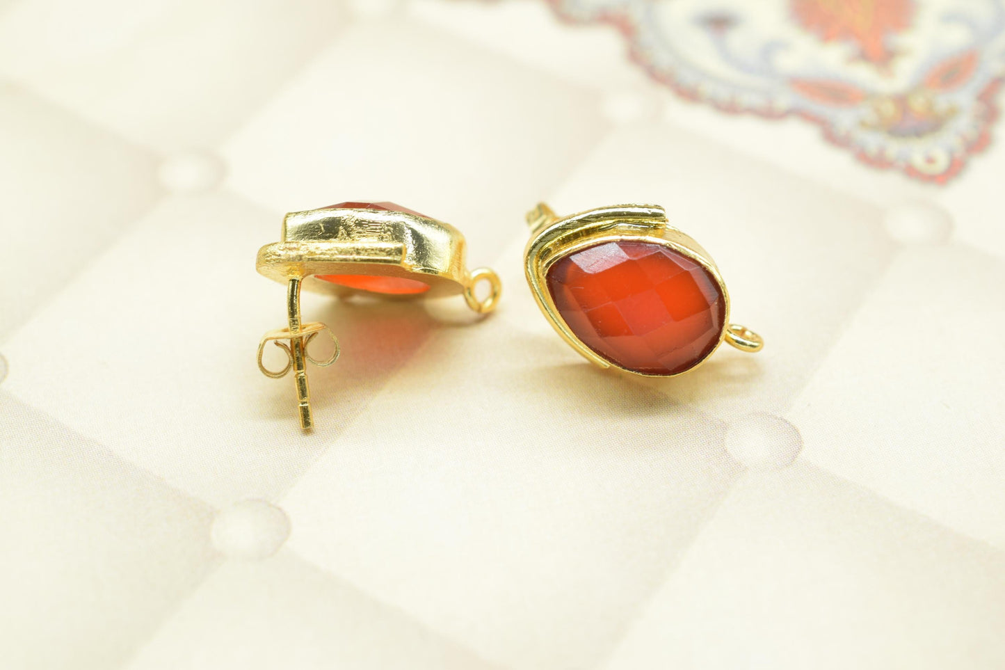 Carnelian Studs Connector/Gold Plated Earring/Handmade Studs/Bezel Set Studs/Teardrop Earring/Women Jewelry/Connector Studs/B'day Gift