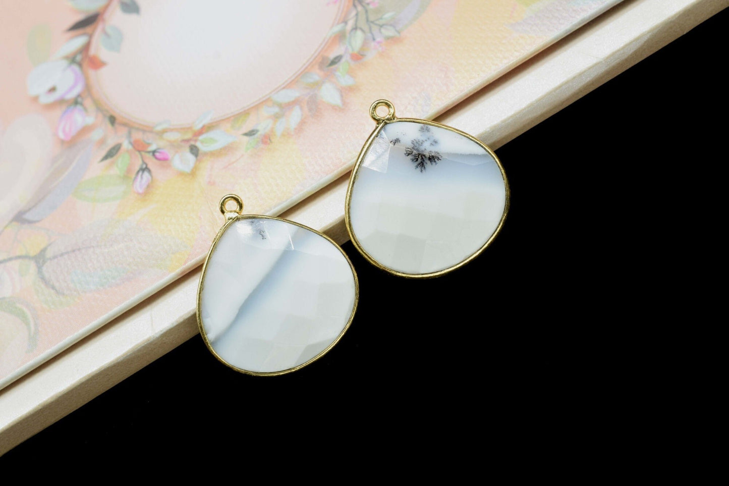 Dendrite Opal 20mm Heart Shape Charm,Bezel Heart Shape Connector,Single Flat Bail links, charms,Dendrite Opal Faceted Heart Shape Connector