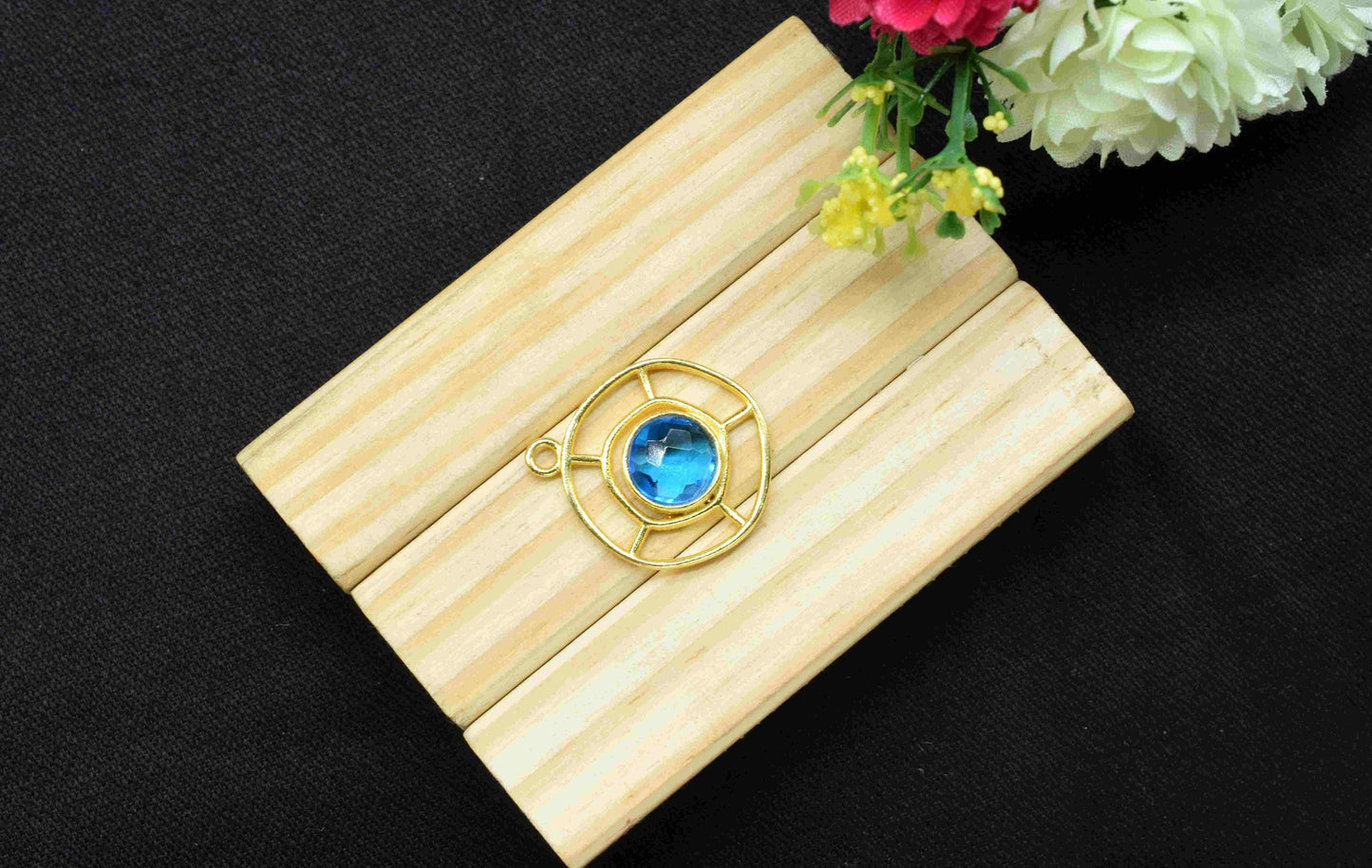 Blue Topaz Gemstone Component , Single Bail Charm , Blue Topaz  Connector Pendant , Gold Plated Connectors , Earring Component