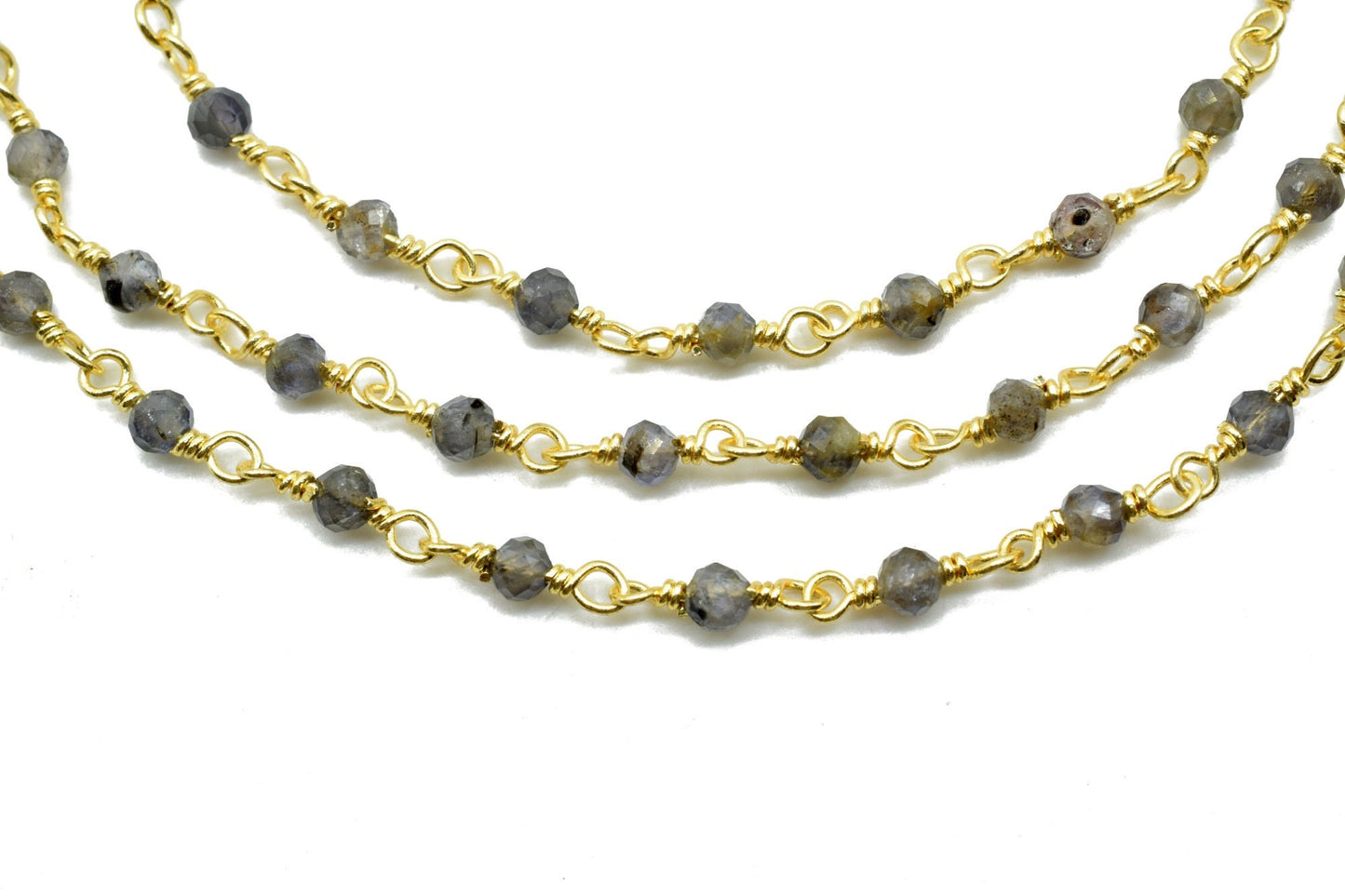 Iolite 3mm Beaded Chain,Gemstone Rosary Chain, 3mm,Faceted Beads, 24k Gold Plated Wire Wrapped Chain, Beaded Chain Jewelry,Blue Iolite Beads