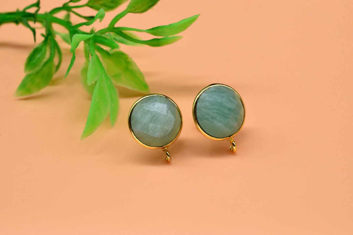 Amazonite 12mm Round Earring Connector,Gemstone Stud Ear Post,Earring Making Connector,Bezel frame Connector,Gemstone Bezel Connector,Studs
