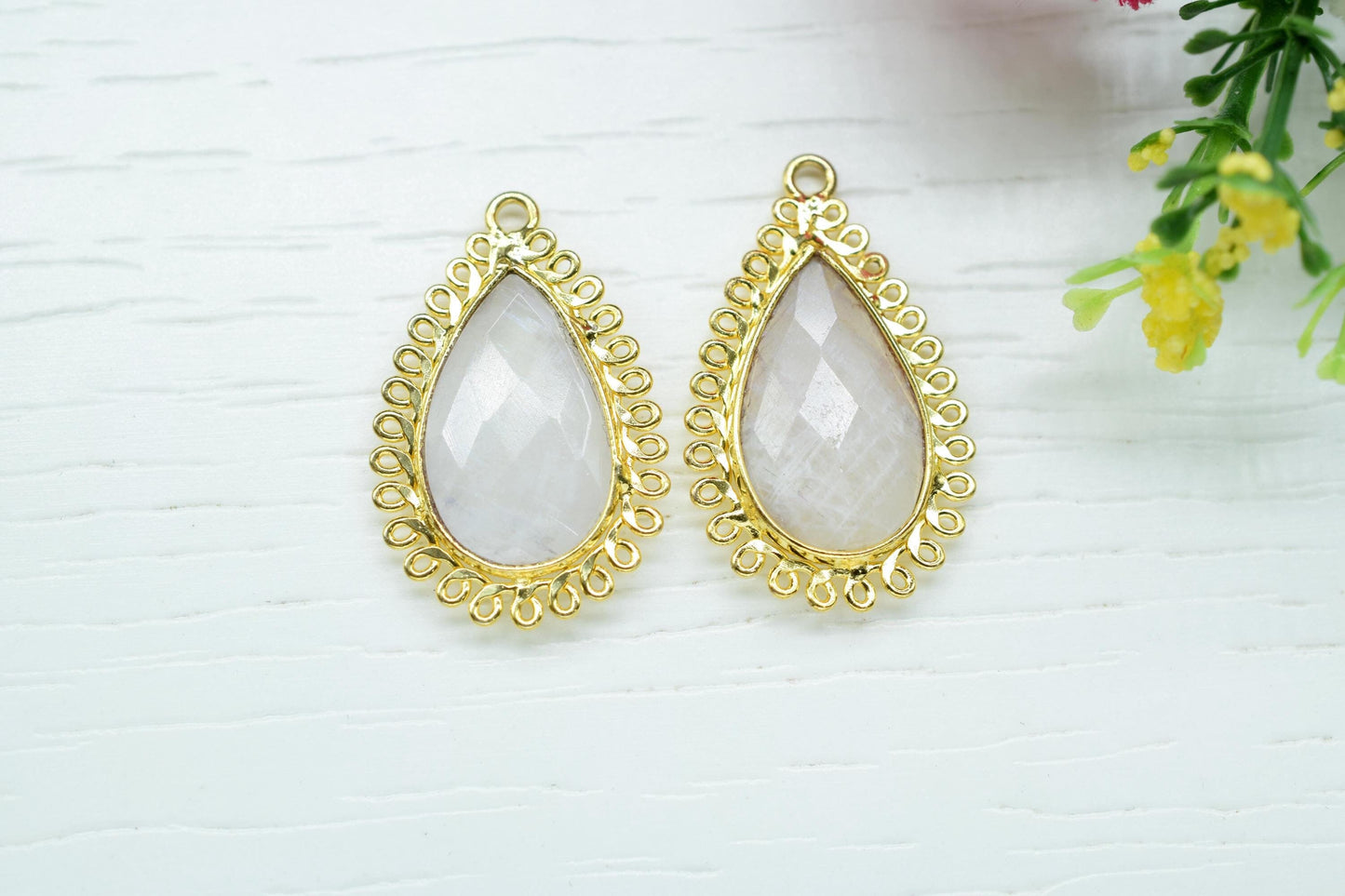 Moonstone 12x20mm Teardrop Bezel Charms,Gemstone Brass Component,Wholesale Jewelry,Single Bail Pendant,Handmade Jewellery Connectors,Gift