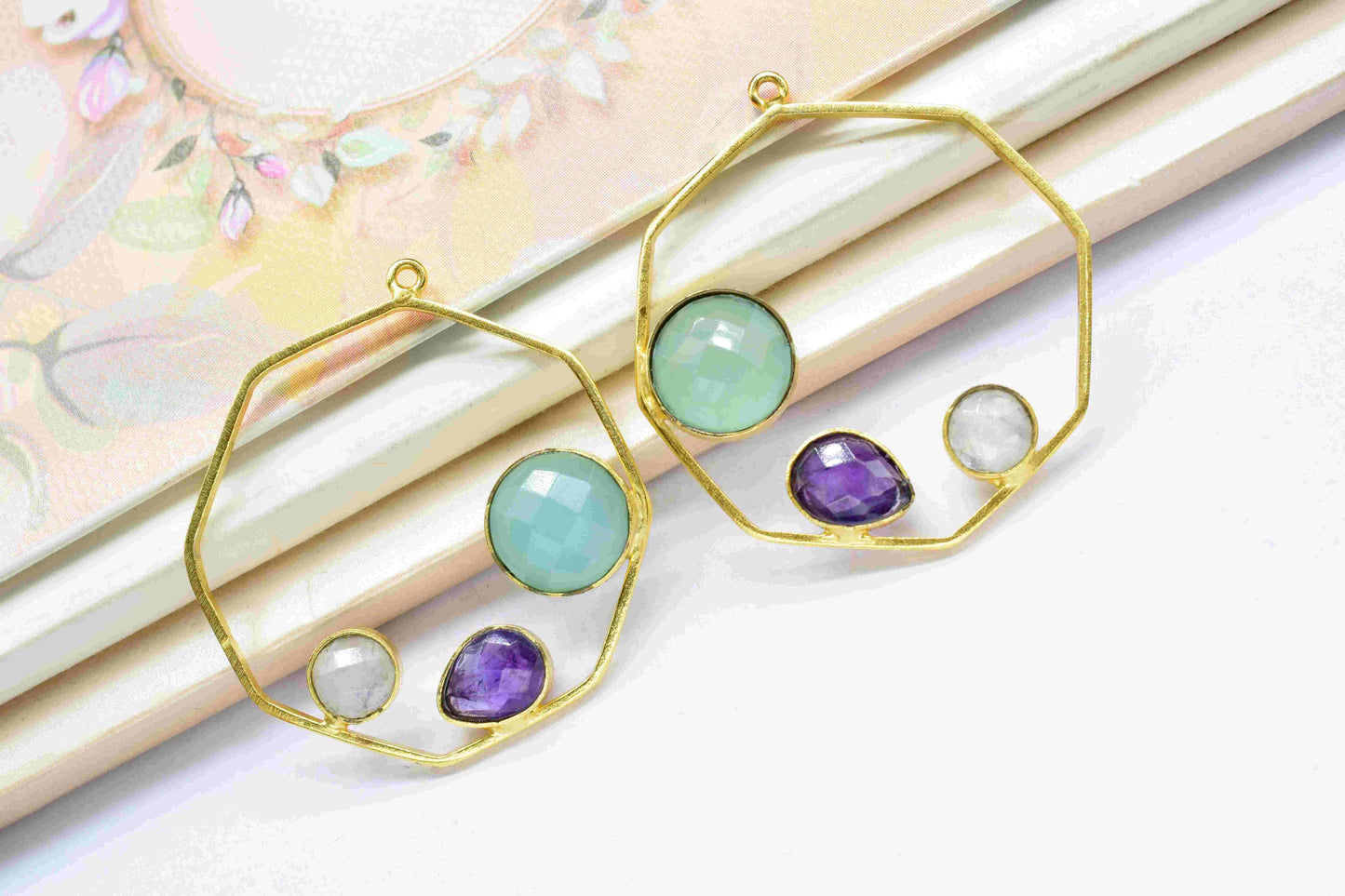 Aqua Chalcedony 10mm Round Shape Pendant,Finding 32mm Hexagon Shape Jewelry,Moonstone 6mm Round Shape Jewelry,Multi Stone Amethyst Pendant