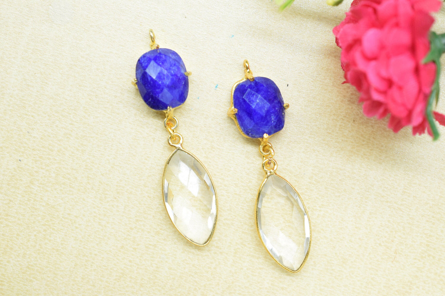 Blue Sapphire Bezel Connector/Station Bezel Link Pendant/Prong Bezel Jewelry/Handmade Jewelry/Crystal Quartz Pendant/Connector/Bday Gift