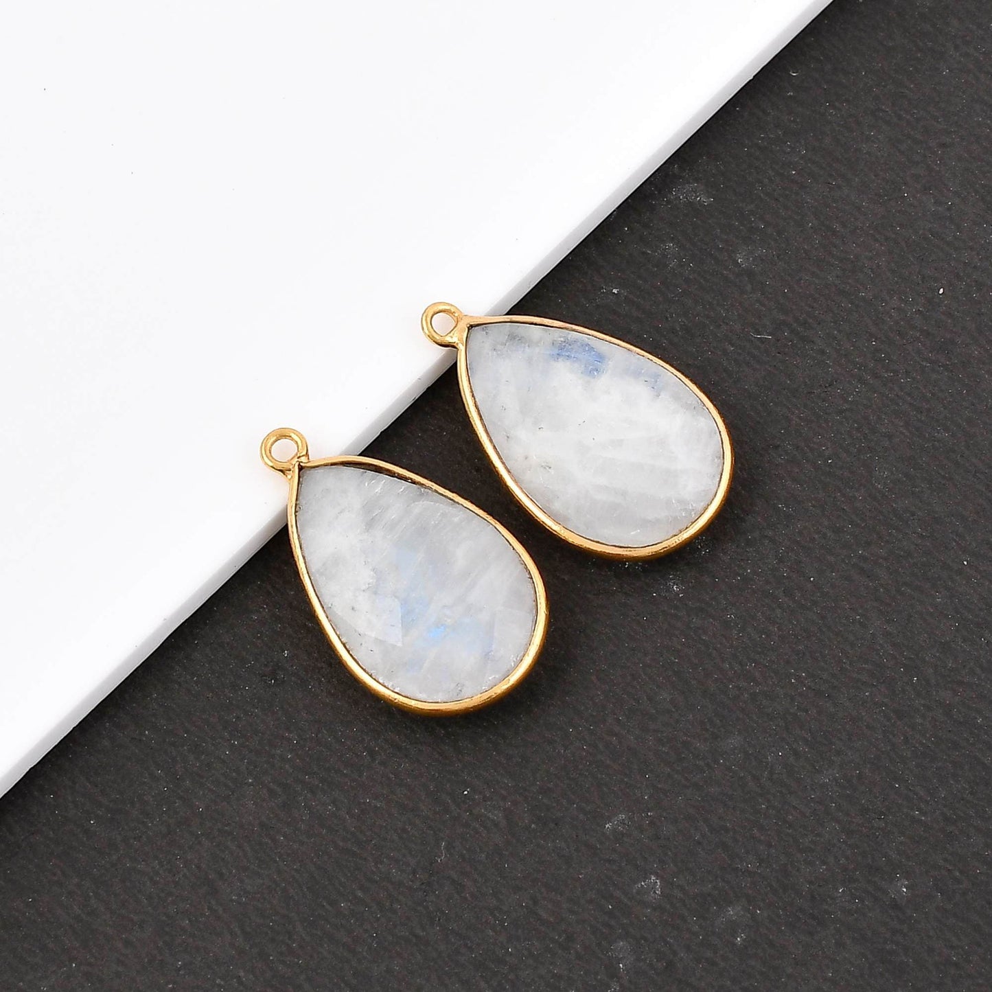 Moonstone 12x20mm Bezel charm,Moonstone Teardrop Gold Plated bezel,Gold Vermeil Bezel,jewelry making charm,Gold-Filled bezel,white bezels