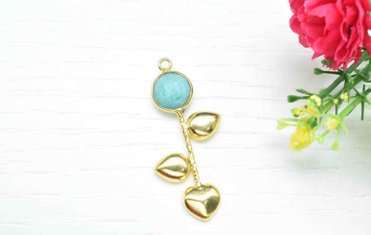 Amazonite Round Shape Pendant , Amazonite Single Bail Charms  ,Genuine Gemstone Charms , Gold Plated Gemstone Connectors , Summer Collection