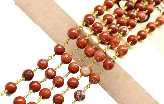 Red Jasper Smooth Gemstone 6mm Round Beads Rosary,Red Jasper Wire Wrapped Beads Chain,Red Jasper Beads Chains,Bulk Wholesale Beads Chains