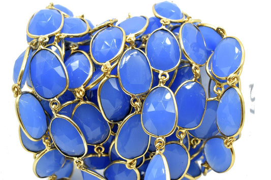 Blue Chalcedony Bezel Connector Chain,Free form Size Faceted Gemstone Connector Chain,Handmade Bezel Link Chain,Gold Plated Bezel Link Chain