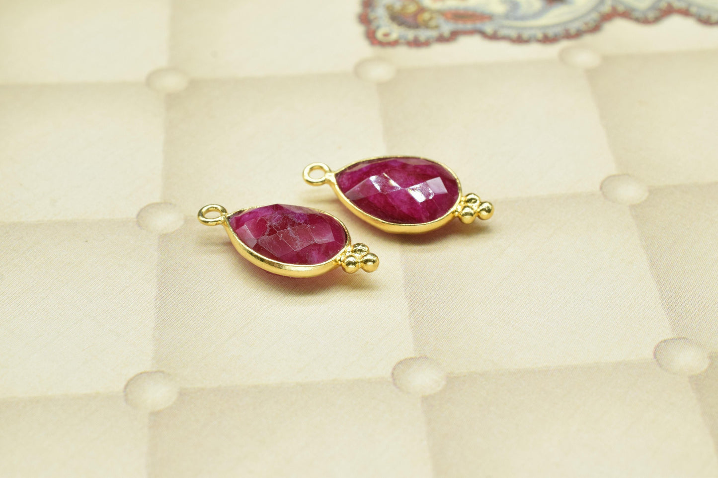 Ruby Faceted beads 10x14mm Bezel Charms Connectors,Ruby Charms Gold Plated Link Pendant Jewelry,Ruby Pear Shape Handmade Connector Jewelry