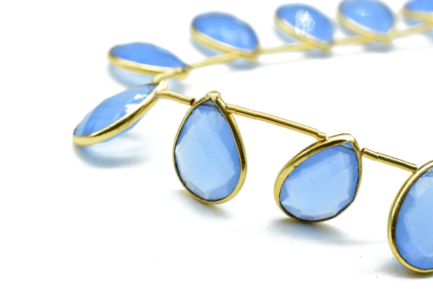 Pear Shape Blue Chalcedony Gold Plated Bezel strand,10x14mm Single Bail Connector Charms For Making Jewelry Findings Supply,11 pieces strand