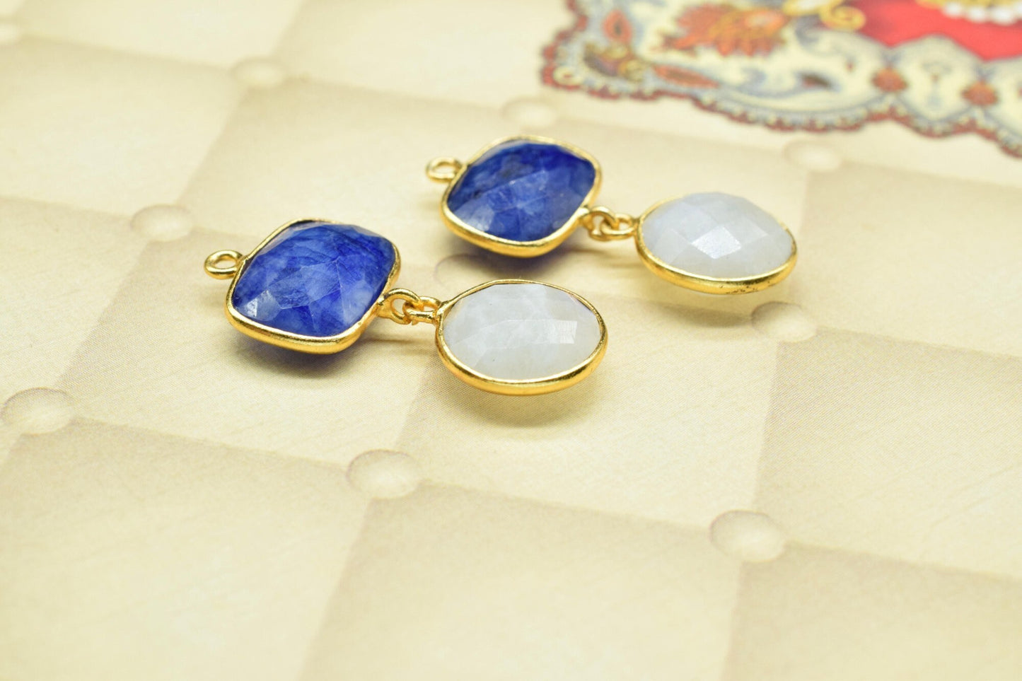 Blue Sapphire Dangle Component Earrings,Handmade Jewelry,Gemstone Connectors,Rainbow Jewelry,Station Bezel Link,Sapphire pendant Connector