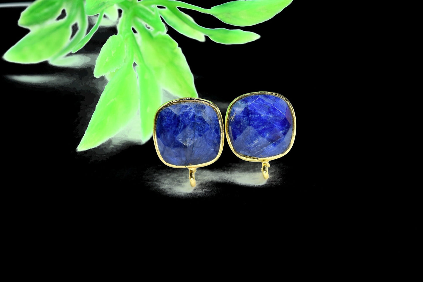 Sapphire 10mm Cushion Earring Connector,Earring Findings,Blue Sapphire post stud,Gold Plated Earring Connector,BlueSapphire Stud