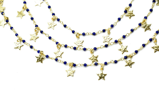 Blue Sapphire 2mm Beaded & Star Charm Chain,Sapphire Wire Wrapped Rosary Chain,Beaded Chain,, Chain by The Foot,Bead Wire Wrapped Chains