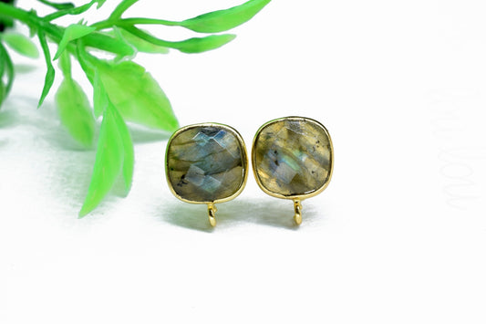 1 Pair Natural Labradorite 10mm Cushion Connector Post Stud,Earring Connectors,Labradorite Jewelry, Jewelry Findings,Single Loop Connectors