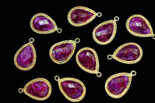 Ruby Teardrop Shape Connector,Gold Plated Link Connectors,Ruby 9x13mm Bezel Charms Connectors,Handmade Connector Jewelry,Ruby Charms Jewelry