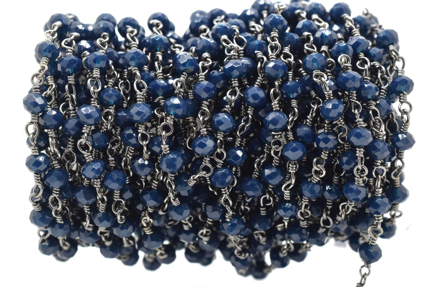Blue Agate 3mm Beaded Chain,Blue Agate Rosary Chains,Blue Agate Black rhodium Wire Wrap Chain,Brass chain,Jewelry Making Chain,Rosary chain