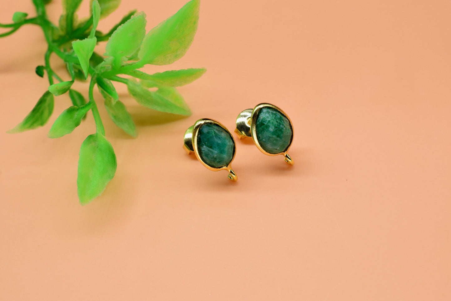 Natural Emerald 7x10mm Earring Connectors,Gemstone Ear Post Studs,Single Loop Gemstone Connectors,Jewelry Making Supplies,Connectors Studs
