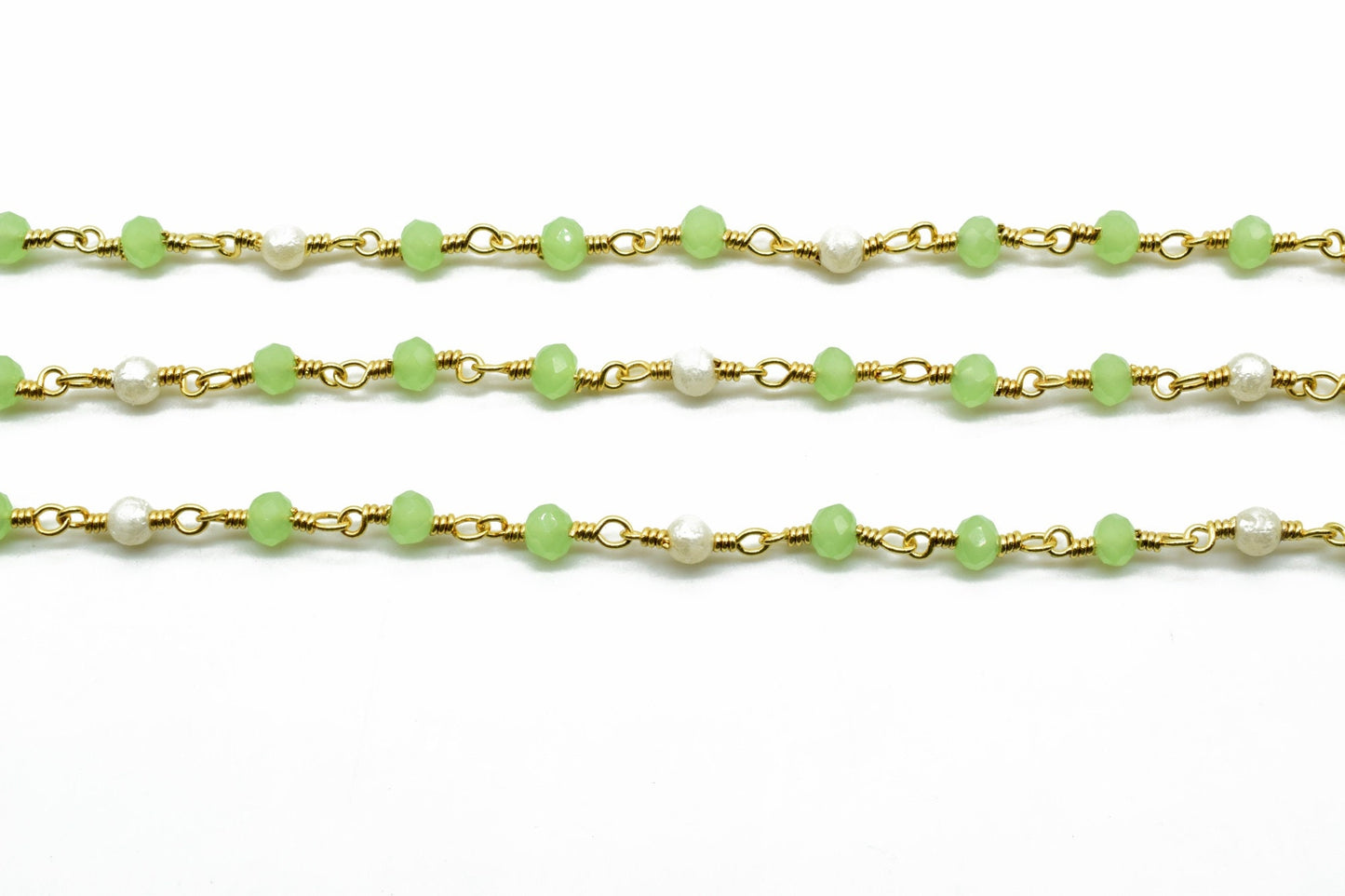 CHrysoprase faceted Rosary Style Beaded Chain -Chrysoprase 3mm Beads wire wrapped chain ,Gold Rosary Long Layering Necklace,pearl rosary