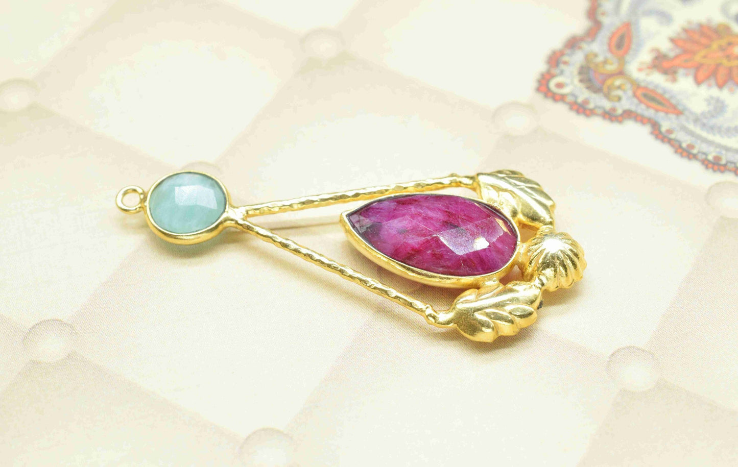 Amazonite Gemstone Pendant , Ruby  Handmade Pendant , Multi Gemstone Charms , Gold Plated Gemstone Connectors , Summer Collection