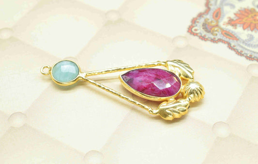 Amazonite Gemstone Pendant , Ruby  Handmade Pendant , Multi Gemstone Charms , Gold Plated Gemstone Connectors , Summer Collection