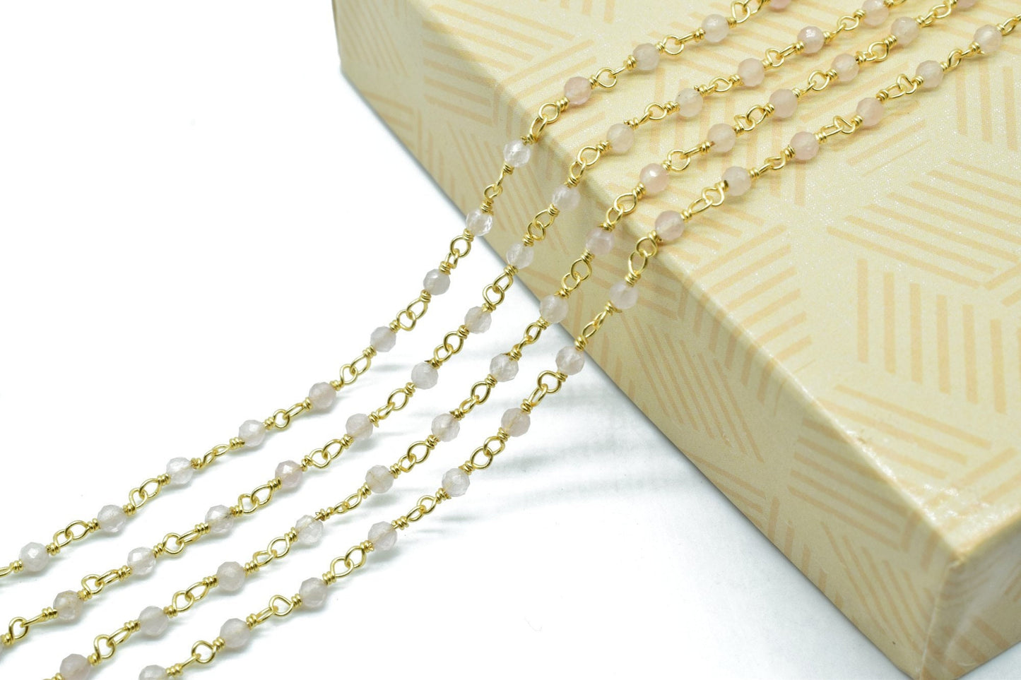Rose Quartz 3mm Beaded Chain,light Pink Rosary Chain, Wire Wrapped Gold Chain,Rose quartz Gold Wire Wrapped Rosary Chain,Rosary Beaded Chain