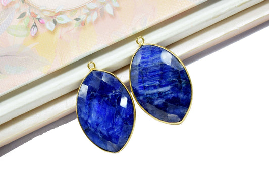 Blue Sapphire 20x30mm Marquise shape single bail connector,Sapphire Brass Gold Plated bezel,Sapphire Connectors,Sapphire gold Bezel Pendants