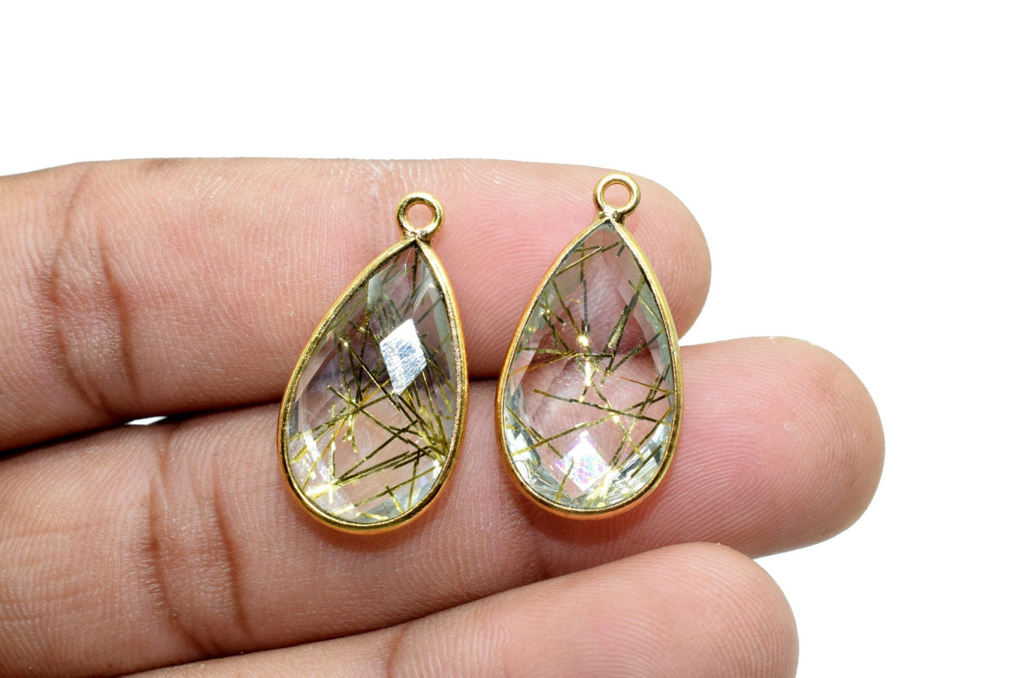 Golden Rutile 12x20mm Pear shape charm,Rutile Pear pendant,Rutile Gold Plated bezel,jewelry making charms craft,Birthstone charms,Rutile