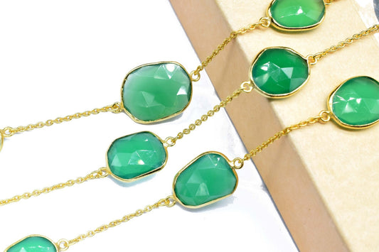 Green Onyx Faceted Connectors, Gold Bezel Chain,Free Size Gemstone Connector,Green Onyx Bezel Jewelry,Handmade Station Bezel Link Chain,Gift