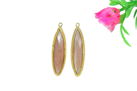 Peach Moonstone Charms 7x34mm Marquise Shape Connector,Peach Moonstone Pendants,Peach Gemstone Gold Plating Single Bail Jewelry Connector