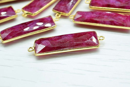 Genuine Ruby 10x30mm Bezel Charm Pendant,Rectangle Shape Gold Plated bezel,Gold Vermeil Bezel, jewelry making charm,Gold-Filled bezel charm