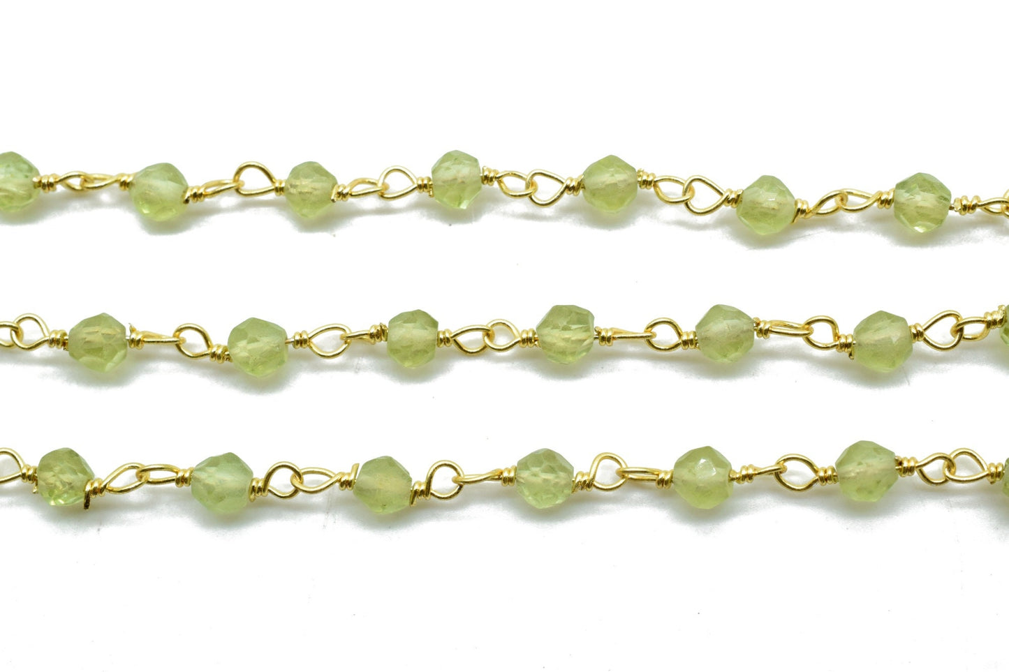 Peridot 3mm Beaded Chain,Faceted Peridot Rosary Style Beaded Chain, Premier quality Non Tarnish Chain in Gold,Beaded Chain -Chain PER FOOT