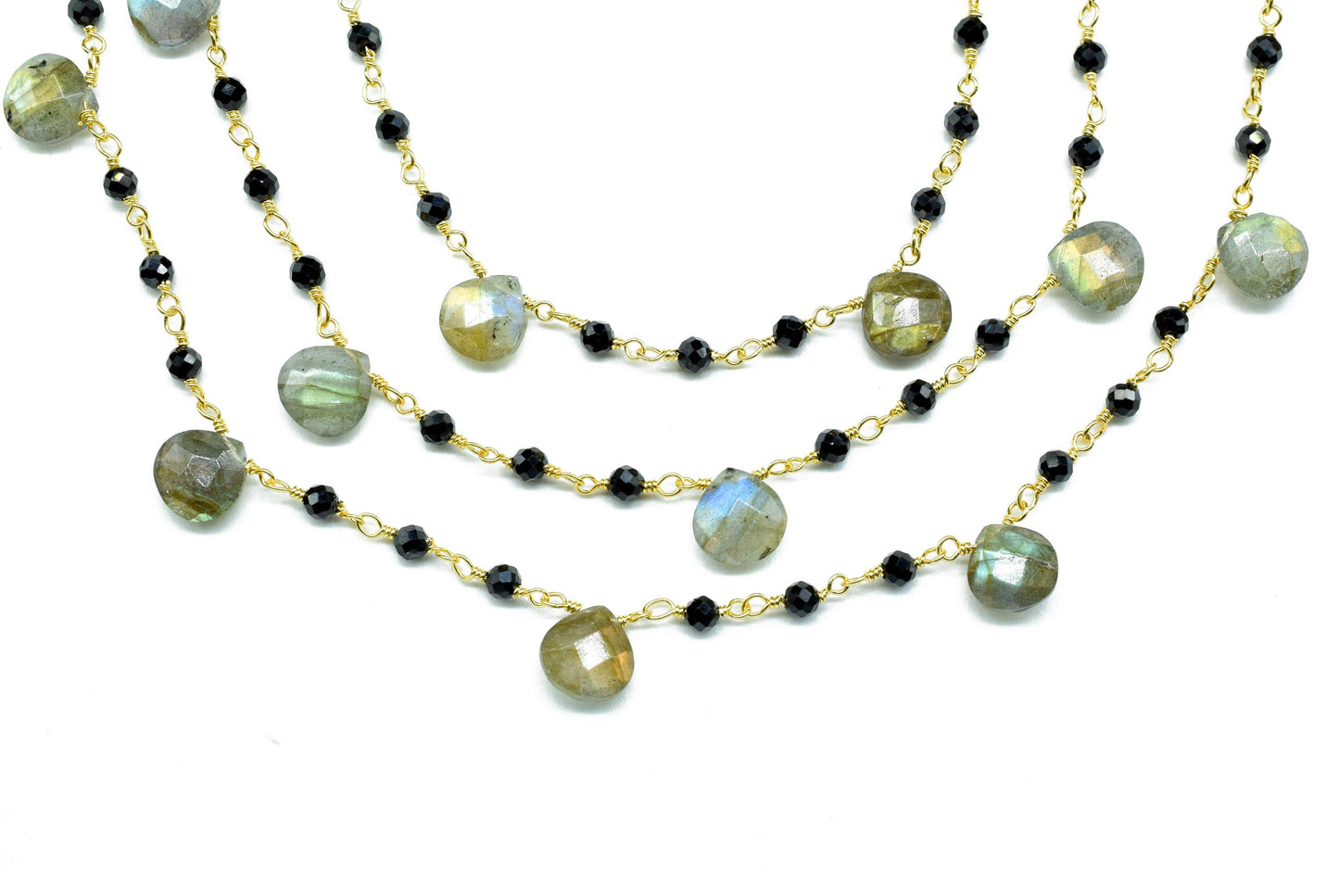 3-3.5 mm Black  Rosary Chain,Black Onyx Faceted Beaded Chain,Wire Wrapped Silver Plated Chain,labradorite briolette rosary ,dual gemstone ,