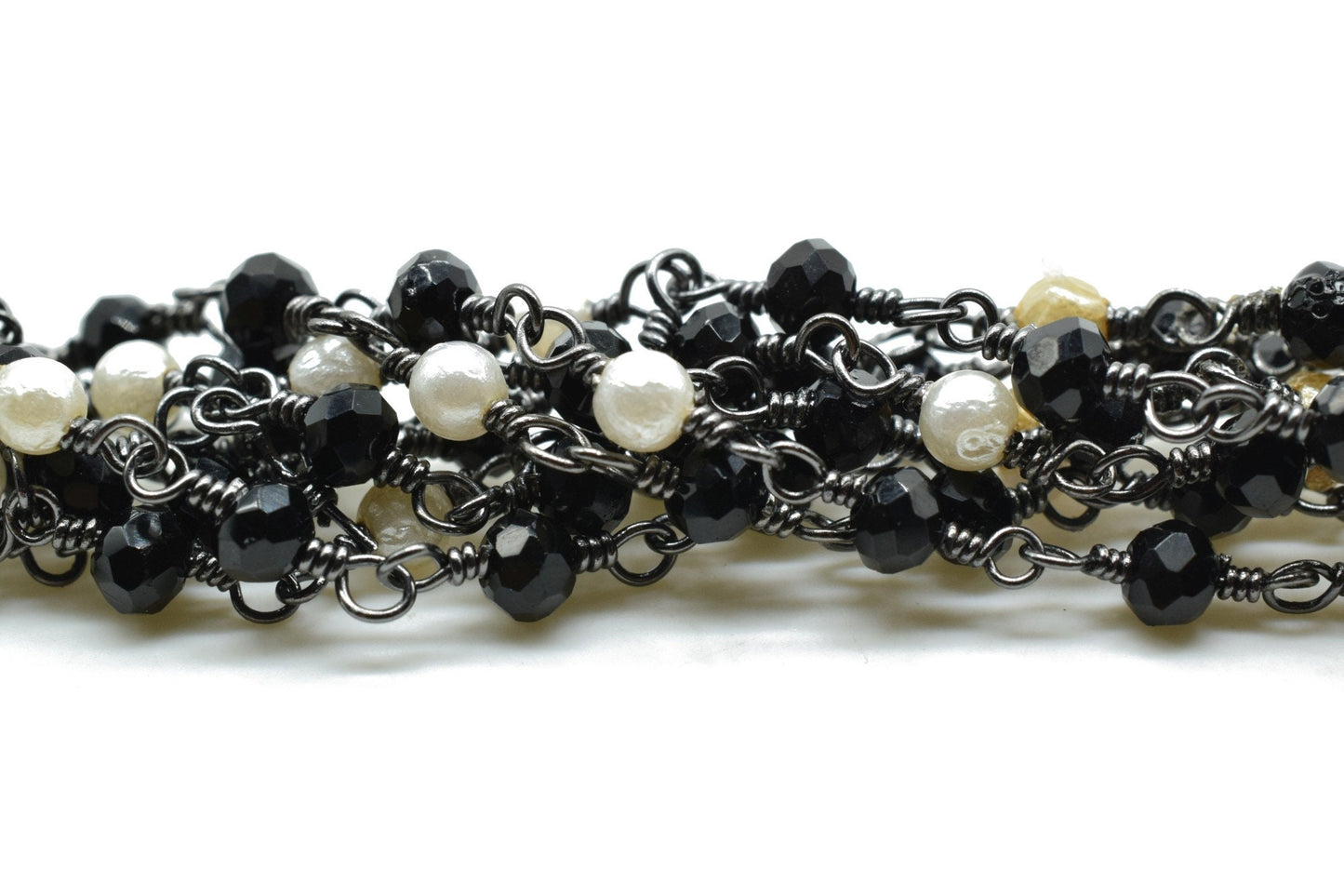 Black Spinel 3mm Rosary Style Beaded Chain, Black Spinel Faceted Beads Wire Wrapped Chain,Brass chains,Jewelry Making Chains,pearl rosary