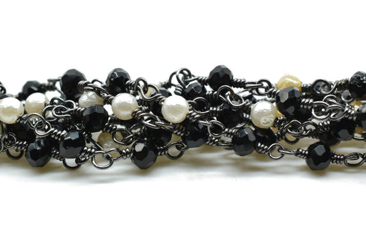 Black Spinel 3mm Rosary Style Beaded Chain, Black Spinel Faceted Beads Wire Wrapped Chain,Brass chains,Jewelry Making Chains,pearl rosary