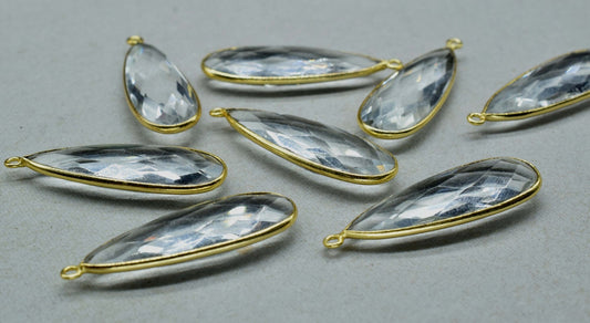 Crystal Quartz Faceted 10x30mm Pear shape charm,Crystal Quartz jewelry making charms,Crystal Quartz Gold Plated Pendant,Birthstone charms