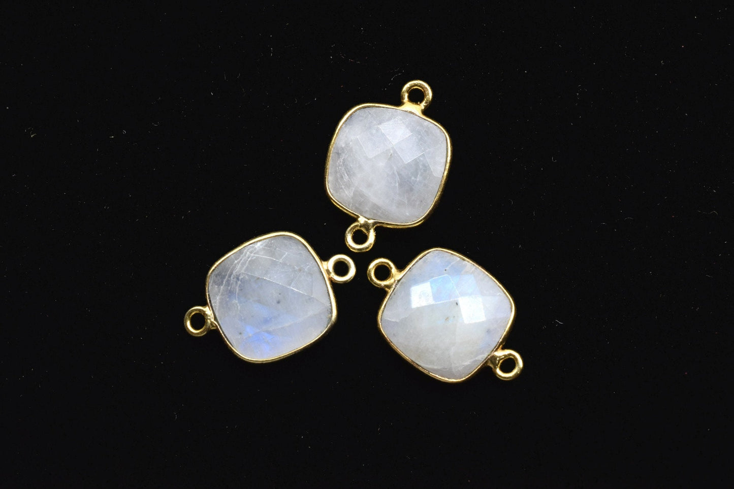 Moonstone 12mm cushion shape Double loop connectors,Moonstone Pendants,White Rainbow bezel links,Gemstone Cushion Cone Charms,Minimal Stones