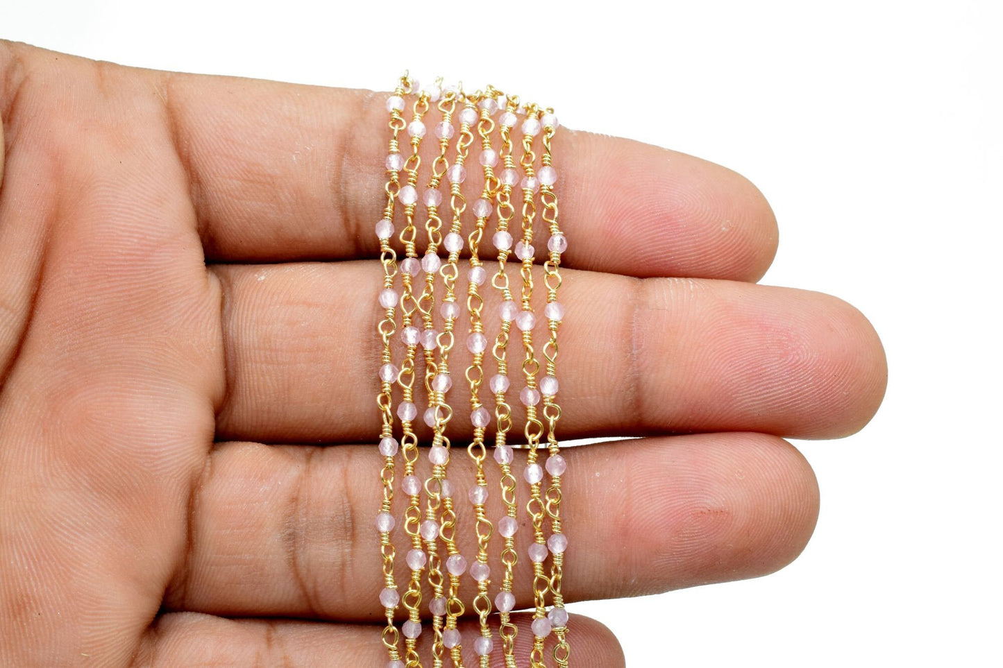 Rose Quartz 2mm Beaded Chain,Rose Quartz Rosary,Gold Plated Wire Wrap Chain,Brasschain,Jewelry Making Chain,Rosary,Rose Quartz vermeil chain