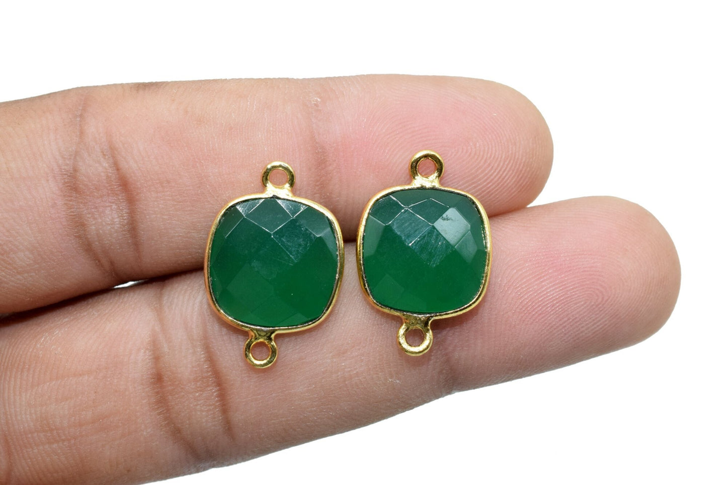Green Onyx 12mm cushion shape Double bail Connector,Faceted Cushion Shape Connector,Double Bail Gold Plated Bezel, Making Jewelry Supplies,