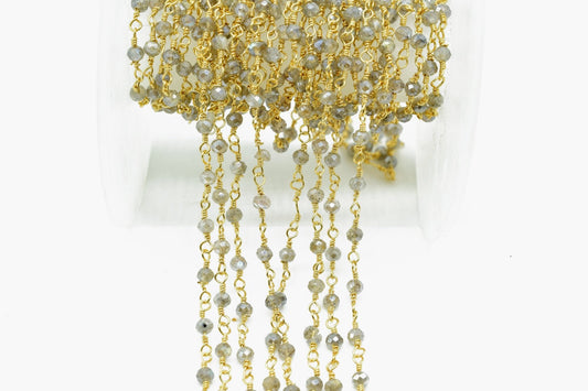 Coated Labradorite 3mm Beaded Chain,Blue Fire Labradorite Rosary Chains,Gold Plating Wire Wrap Chain,Brass chain,Jewelry Making Chain,Rosary