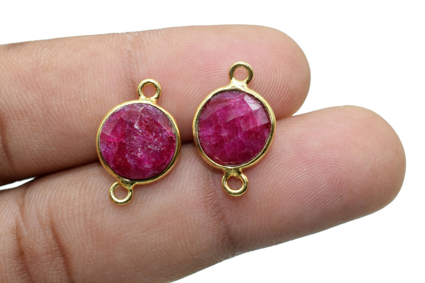 Ruby 10mm Round double bail connectors,Ruby Pendant,Ruby Round Gold Plated bezel,Ruby double loop connector,Ruby jewelry making charm,Ruby