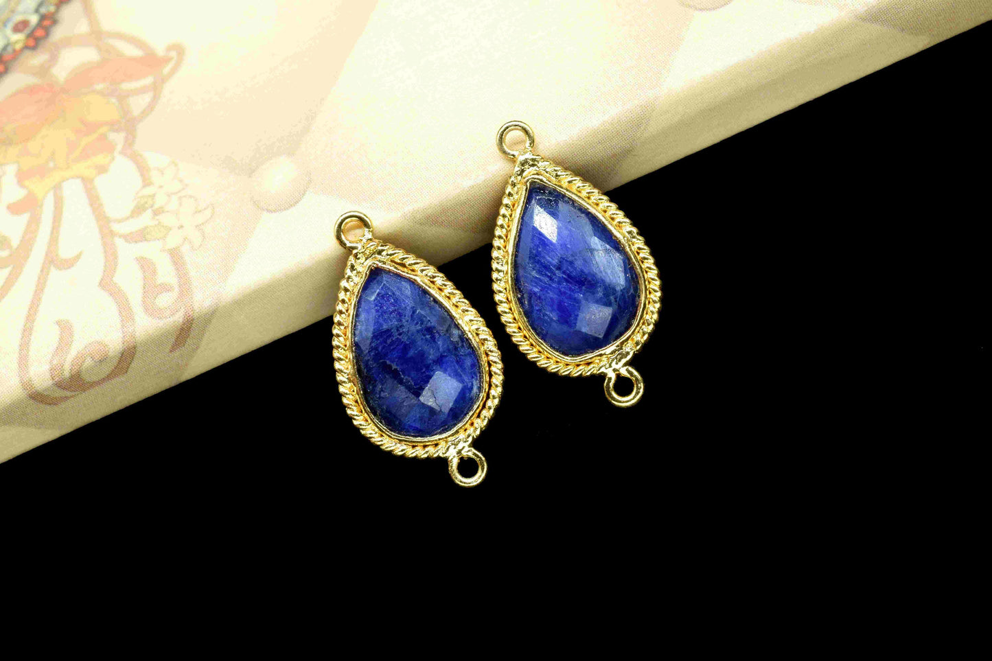 Blue Sapphire 9x13mm Pear Shape Charm,Double Bail Connector,Bezel Charms,Sapphire Pear Shape Bezel Connector Gold Plated,Sapphire Connectors