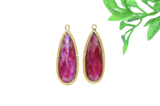 Ruby Gemstone 10x30mm Teardrop Shape Connector,Ruby Handmade Connector Jewelry,Ruby Charms Jewelry,Ruby Gold Plating Charms Connectors,Gift