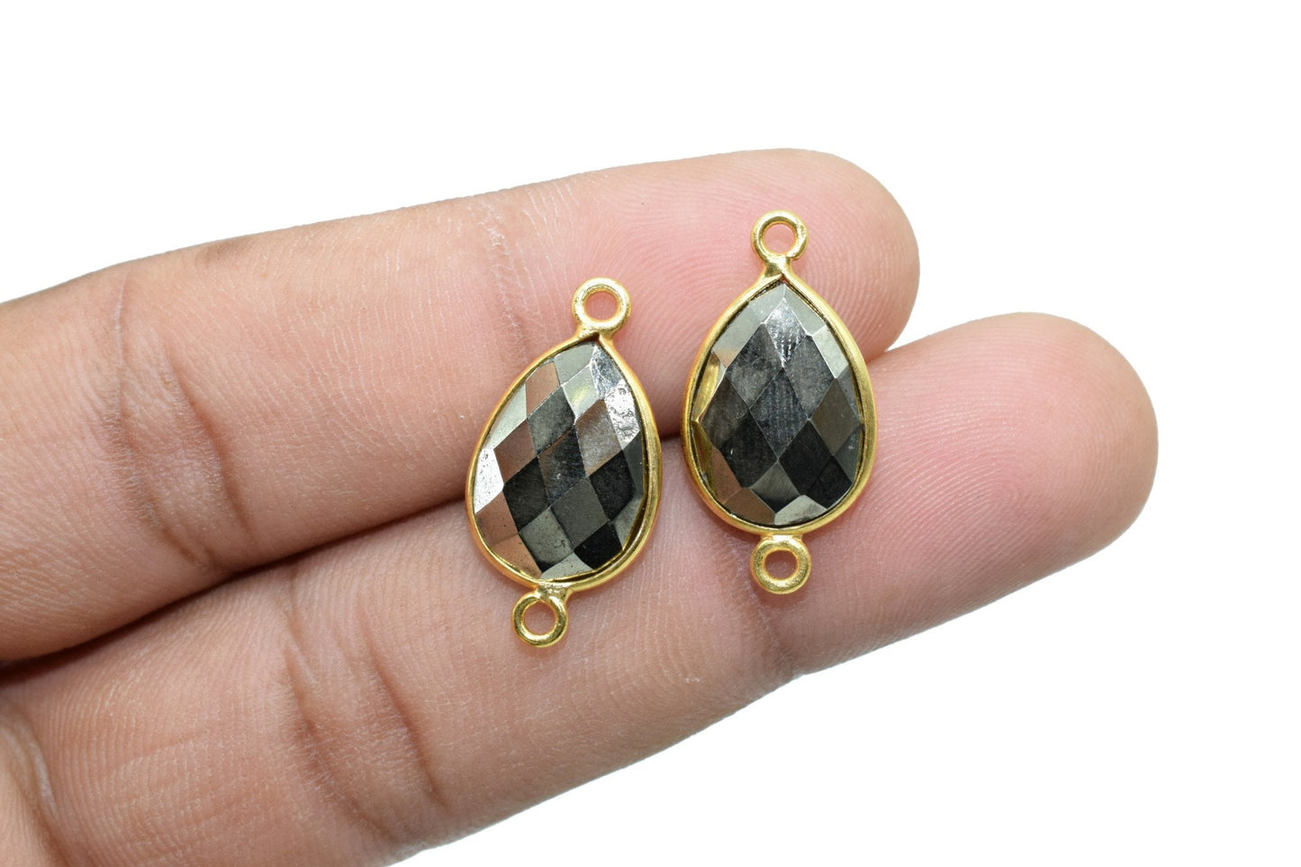 Natural Pyrite 10x14mm Pear Double bail connectors,Pyrite gold connectors,Pyrite Double bail Gold Plated bezel, Pyrite jewelry making charms