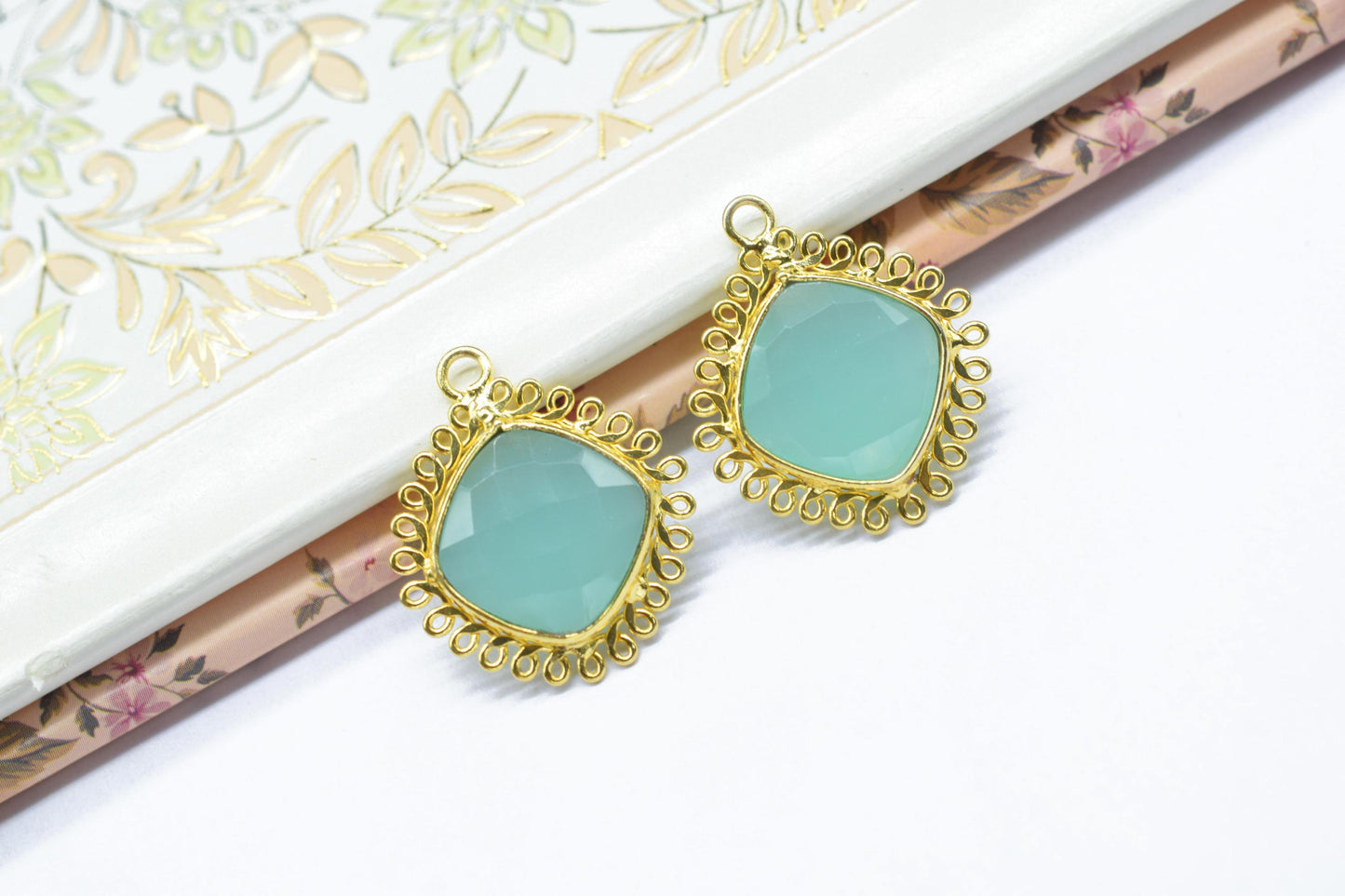 Aqua Chalcedony 14mm Cushion Bezel Charms,Gemstone Single Bail,Component charm,Handmade Jewellery Connectors,Boho Pendant Charm,Gift