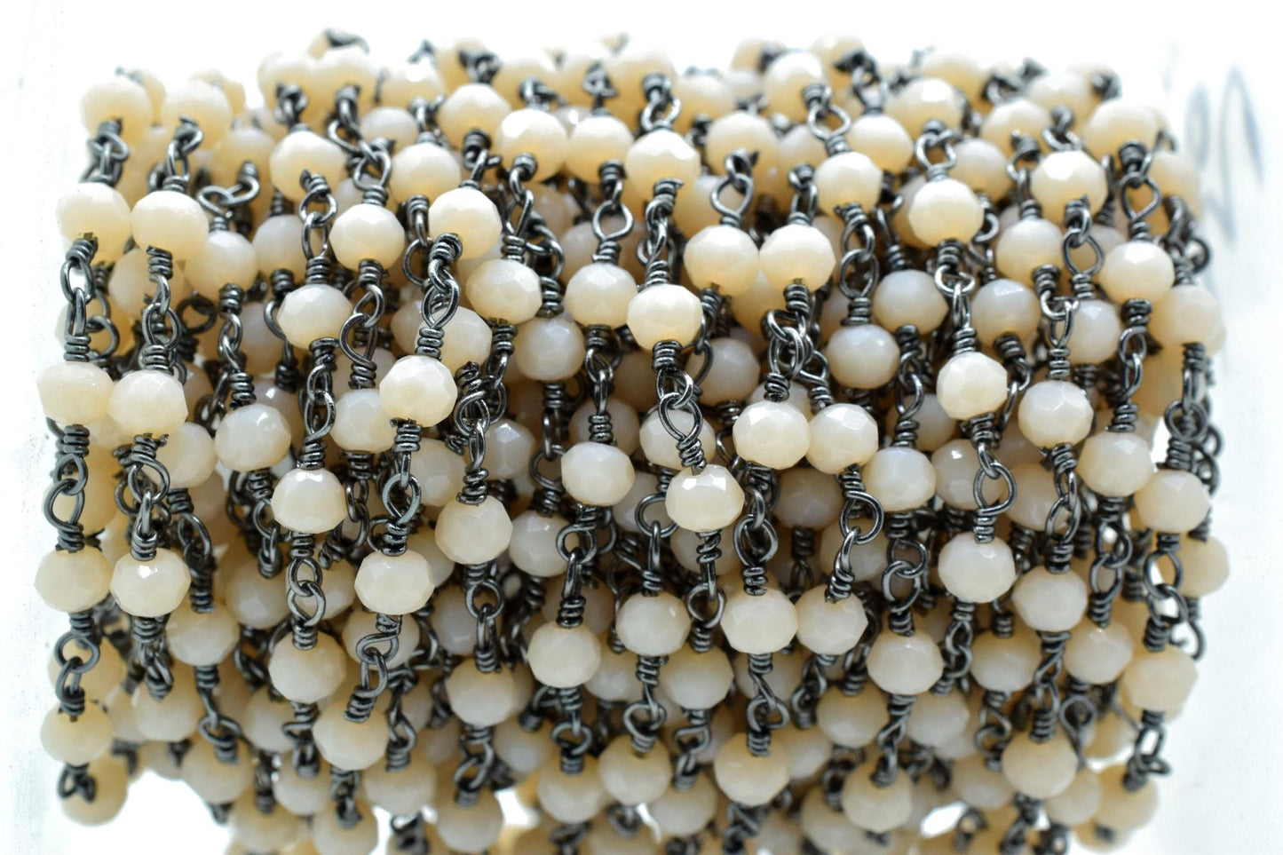 Peach Agate 3mm Beaded Chain,Peach Agate Rosary Chain,Peach Agate Black rhodium Wire Wrap Chain,Brass chainJewelry Making Chain Rosary chain